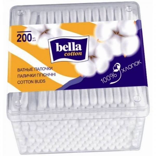 Палички ватні гiгiєнiчні Bella Cotton, пластикова прямокутна упаковка, 200 штук