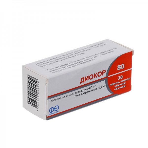 Діокор 80 таблетки, в/плів. обол. по 80 мг/12.5 мг №30 (10х3)