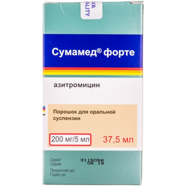 Сумамед форте порошок д/ор. сусп. 200 мг/5 мл по 37.5 мл (1500 мг) у флак.