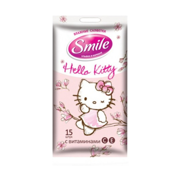 Серветки вологі  Smile Hello Kitty mix євро, 15 штук