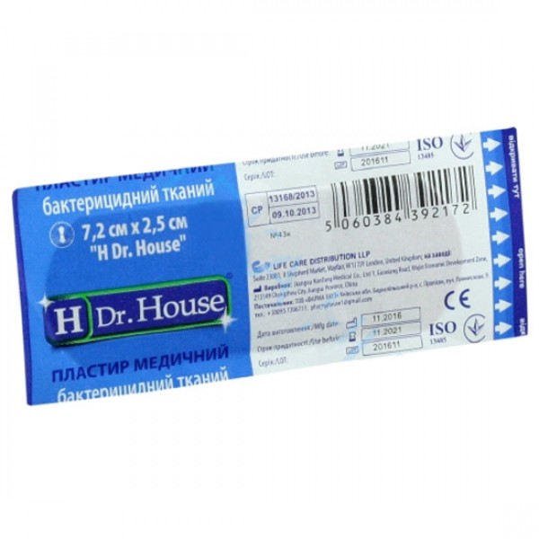 Пластир медичний Dr. House бактерицидний на тканинній основі 2,5 см х 7,2 см, 1 штука