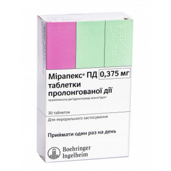 Мірапекс ПД таблетки прол./д. по 0.375 мг №30 (10х3)