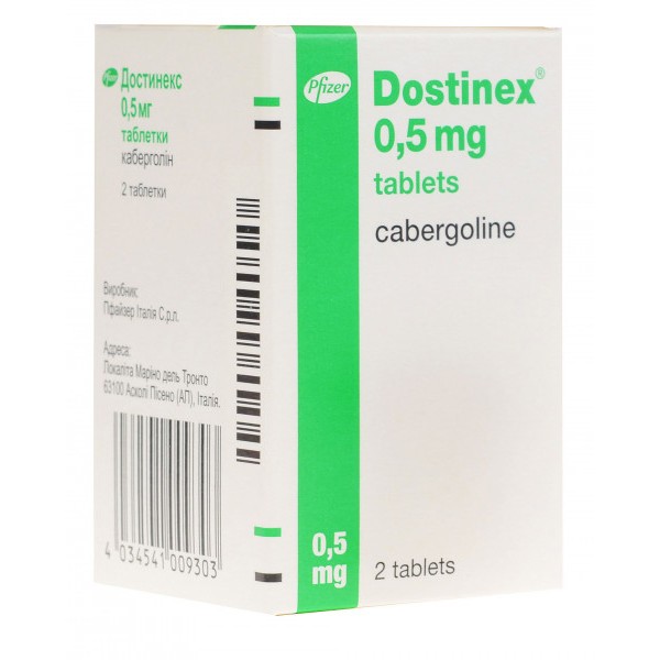 Достинекс таблетки по 0.5 мг №2 у флак.