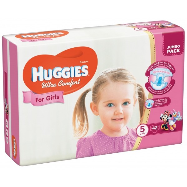 Підгузки дитячі Huggies Ultra Comfort для дівчаток розмір 5, 12-22 кг, 42 штуки