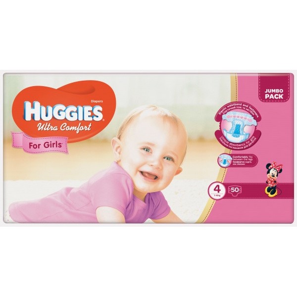 Підгузки дитячі Huggies Ultra Comfort для дівчаток розмір 4, 8-14 кг, 50 штук