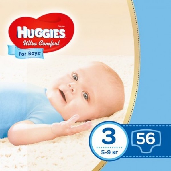 Підгузки дитячі Huggies Ultra Comfort для хлопчиків розмір 3, 5-9 кг, 56 штук