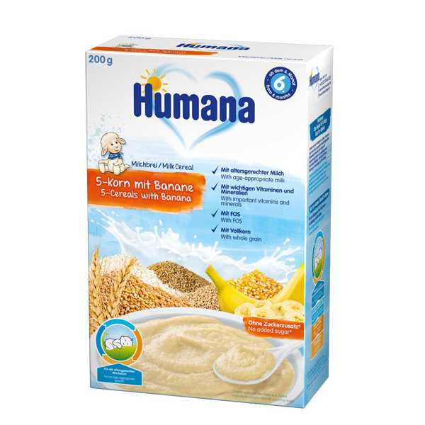 Суха молочна каша Humana 5 злаків з бананом для дітей з 6 місяців, 200 г