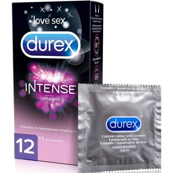 Презервативи латексні Durex Intense Orgasmic рельєфні, зі стимулюючим гелем-змазкою, 12 штук