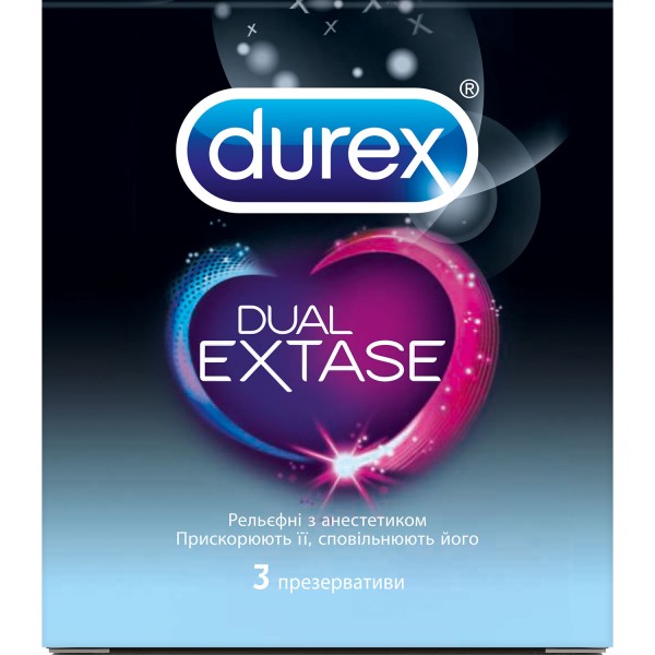 Презервативи латексні Durex Dual Extase рельєфні з анестетиком, 3 штуки