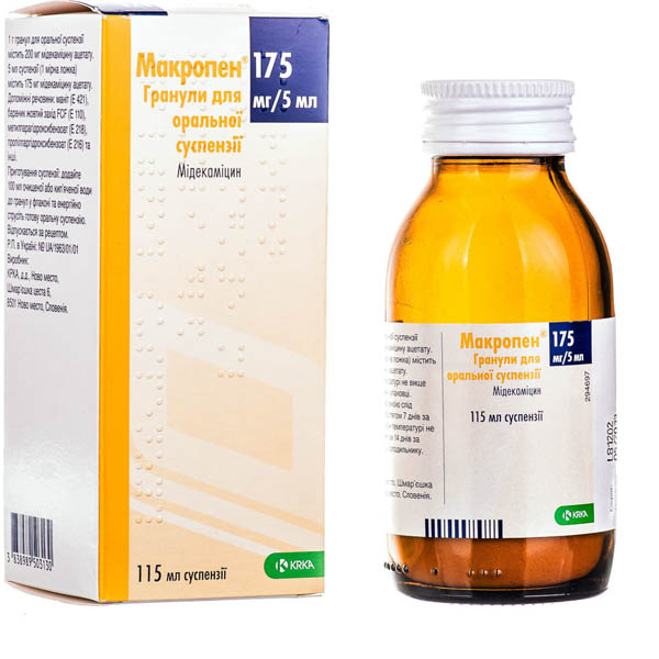 Макропен гранули д/ор. сусп. 175 мг/5 мл по 115 мл у флак.