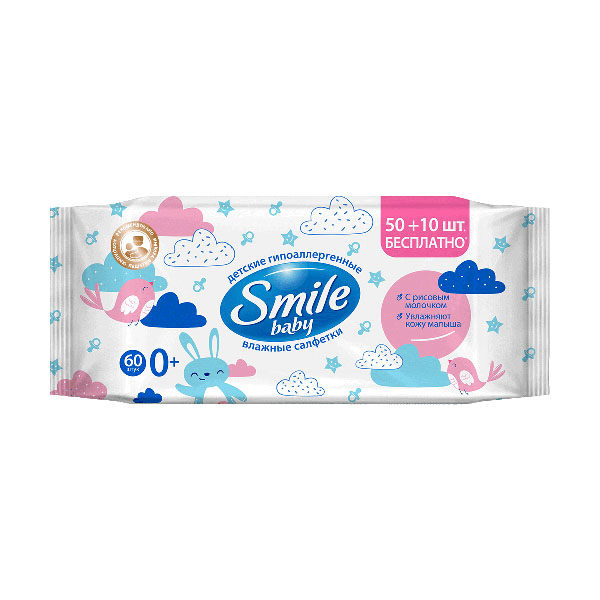 Smile Baby серветка волога з рисовим молочком 60шт