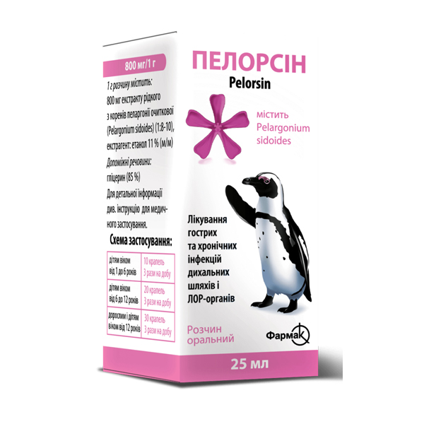 Пелорсін розчин ор. 800 мг/1 г по 25 мл у флак.